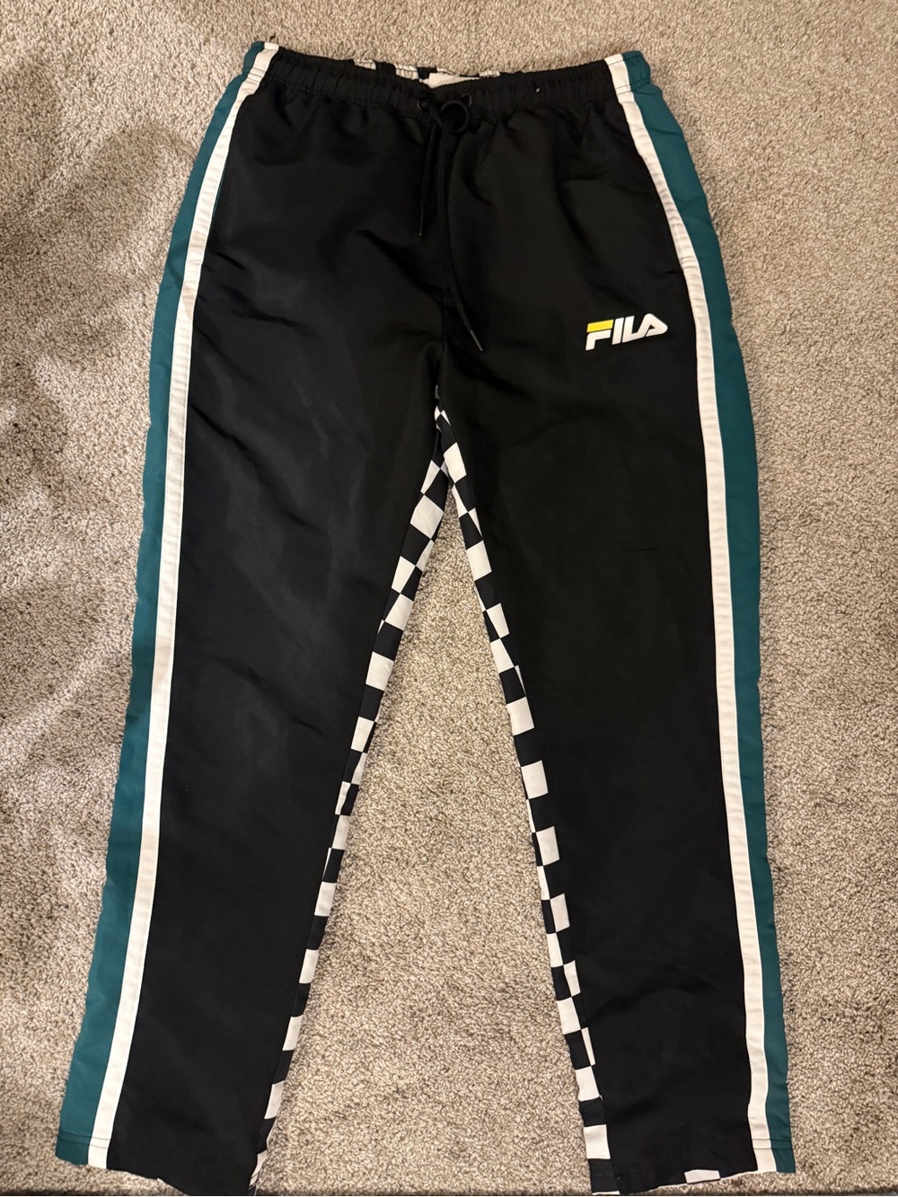 Fila Kids Black Joggers with Teal Side Panels and Checkerboard Trim
